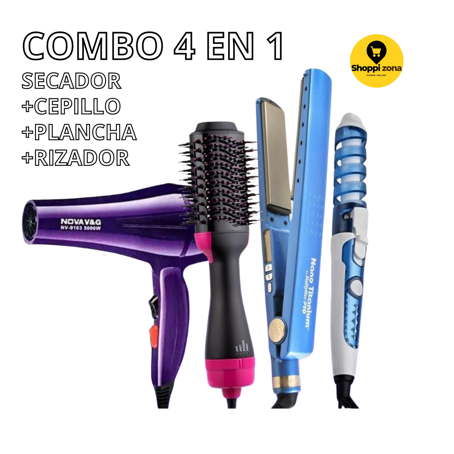 COMBO SECADOR NOVA, PLANCHA TITANIUM, ONE STEP, RIZADOR.